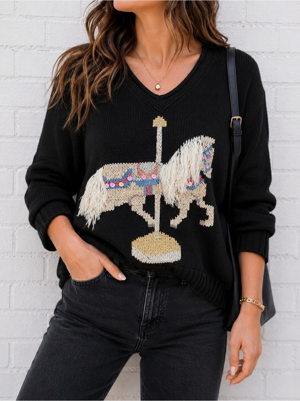Vintage Trend Basics Carousel Horse V-Neck Sweater Medium 3D Fringe Novelty Knit
